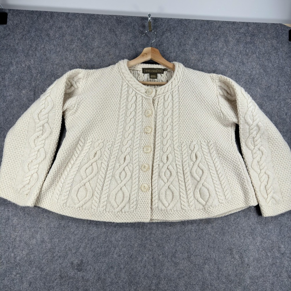 Inis Crafts Cardigan Sweater Womens Large White Merino Wool Cable Knit Irish